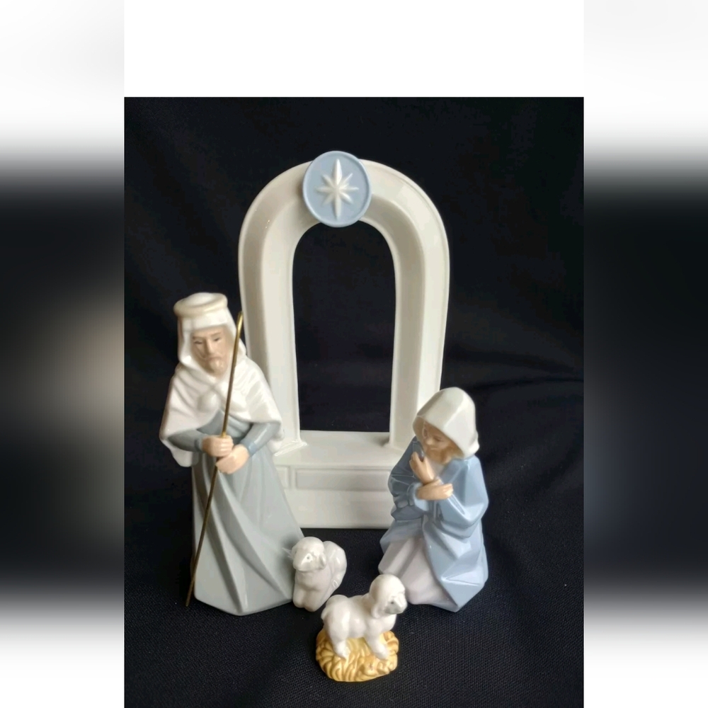 Set of 4 Hallmark Shepherd, Sheep,Mary And Stable Figurines Porcelain 7 3/4"